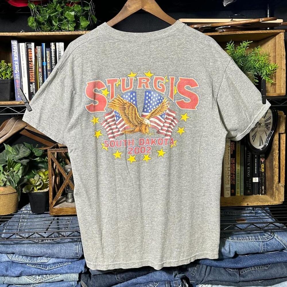 Vintage Y2K 2002 Sturgis South Dakota Biker Tee Shirt Mens Large Gray Motorcycle